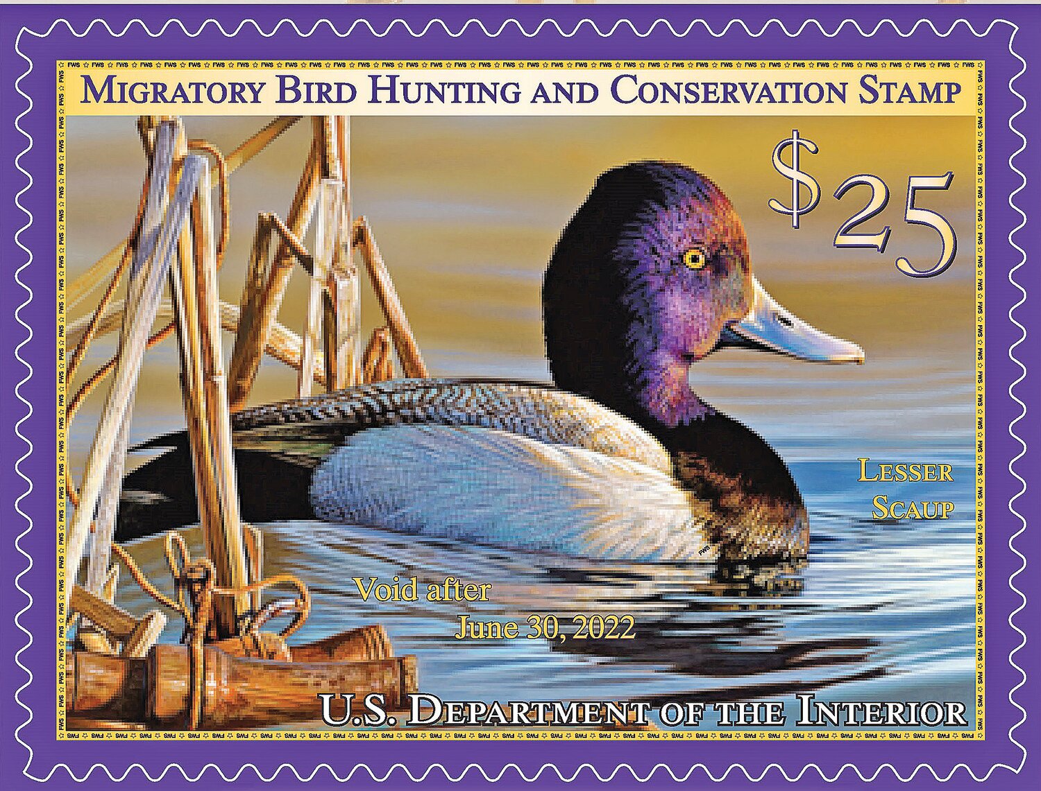 The Migratory Bird Stamp, also known as a duck stamp, is required for those who wish to hunt migratory waterfowl. The artwork is selected in a prestigious annual competition, run by the U.S. Fish and Wildlife Service. Funds raised from purchase of the stamps by hunters total around $40 million annually for conservation.