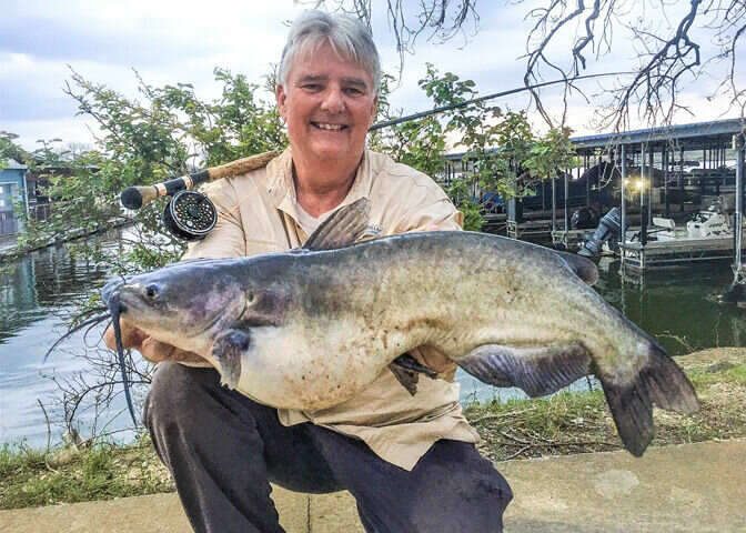 WORLD-RECORD CATFISH: In March 2021, Barry Osborn landed a National Fresh Water Fishing Hall of Fame world record for Division #2-Fy Fishing. This 10-pound 13-oz beauty was caught out of Lake Granbury on March 24, 2021. – Karen Osborn Photo 