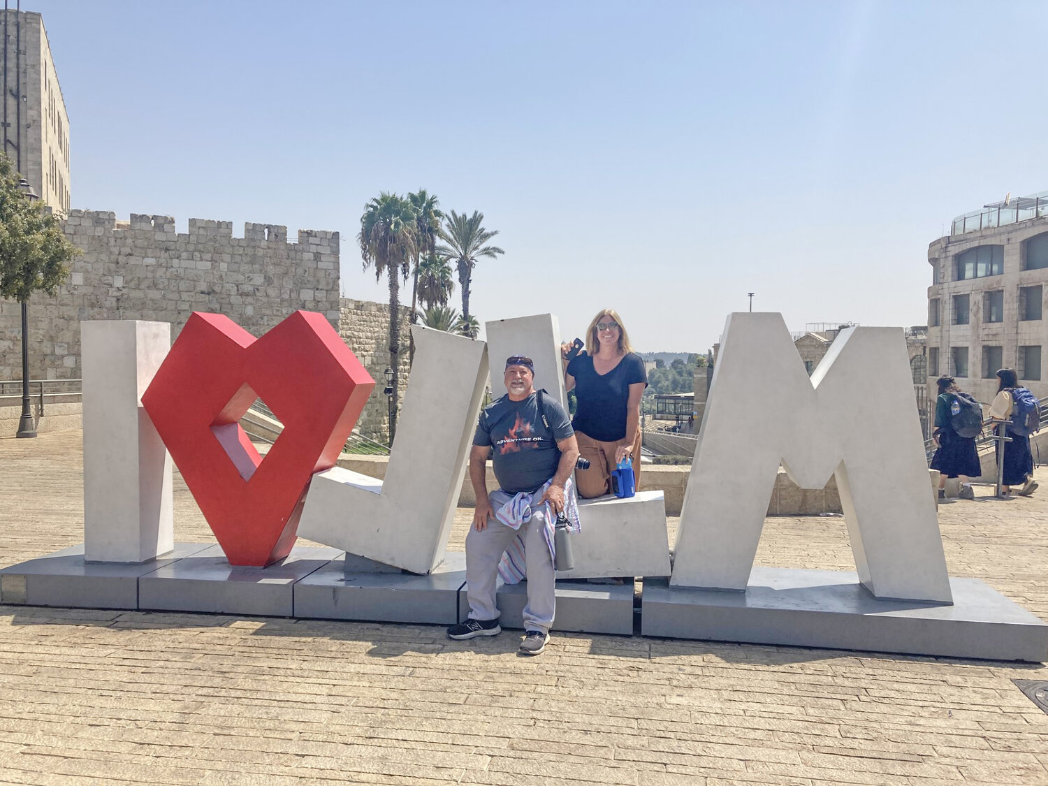 Jon and Susy Curtner pose in front of the “I love JLM” sculpture located just outside the Jaffa Gae leading into the old city of Jerusalem, Israel.