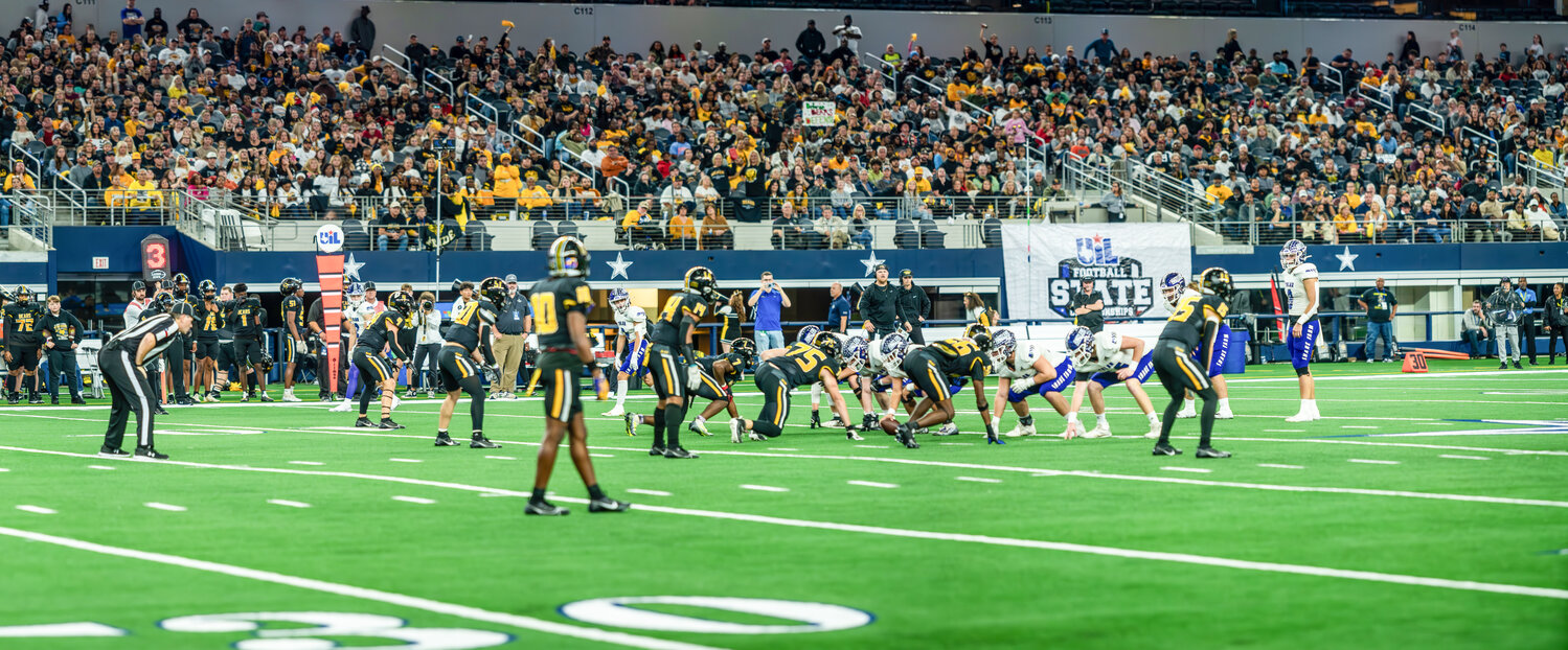 The Tolar Rattlers offense lined up against the Timpson defense at the State Championship game Dec. 13 at  AT&T Stadium.  Their  hard work all seaon accumulated to this moment .