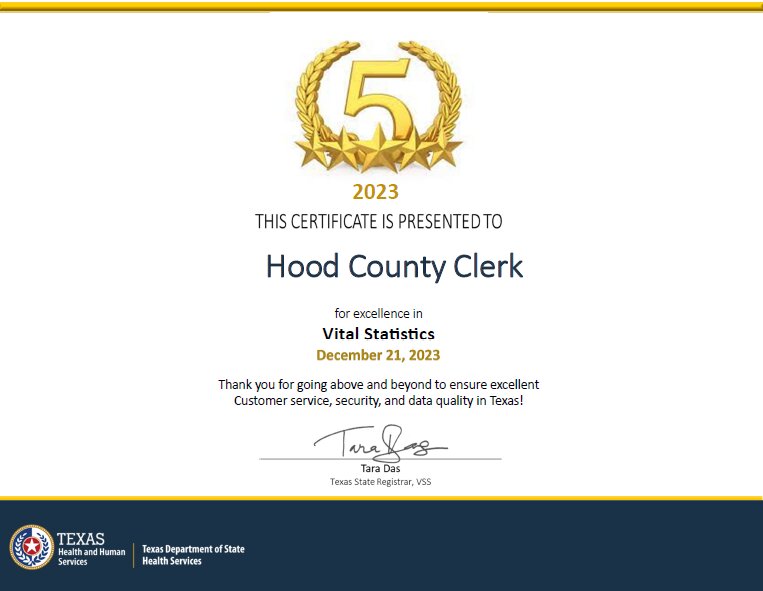 The Hood County Clerk’s Office (HCCO) was presented with a repeat notable honor Dec. 21, earning the Five Star Award for 2023 by the Texas Department of State Health Services.