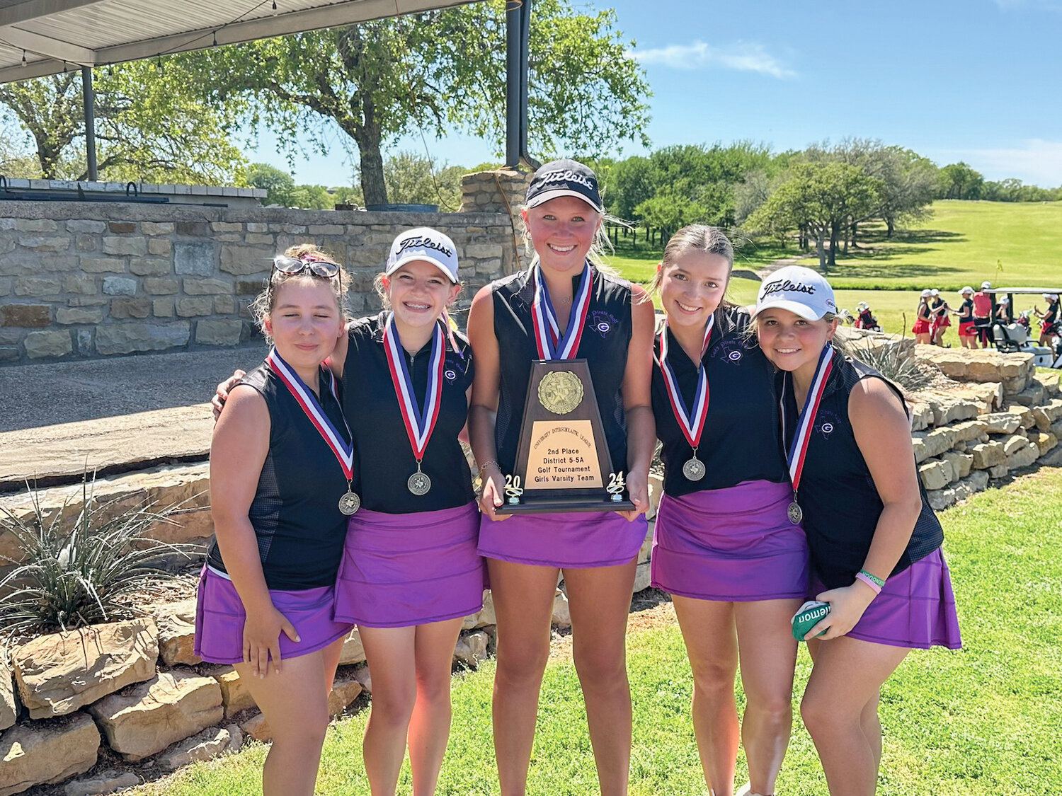 The Granbury Lady Pirates Purple team qualified for the Class 5A Region I Girls Golf Tournament in Lubbock by finishing second in the District 5-5A Tournament. Pictured are (from left) Grace Jimenez, Claire Jordan, Akyah Ditto, Halle Carr and Ariel Jimenez.