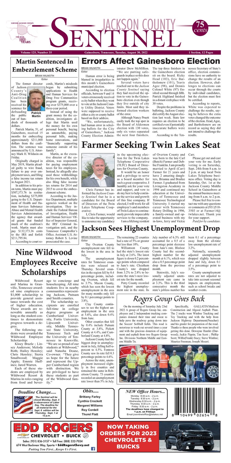 Tuesday, August 30, 2022 - Jackson County Sentinel