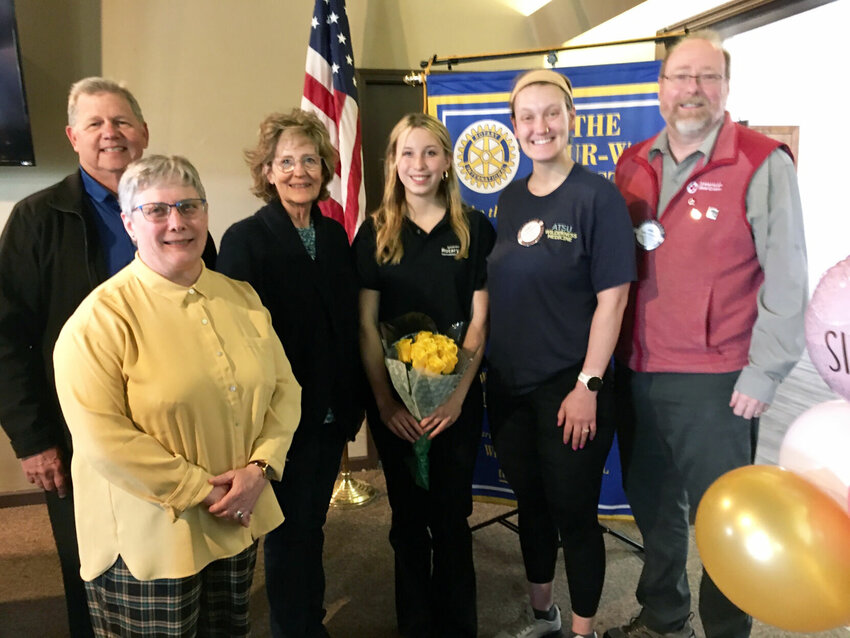 Lynn Buchon with members of the Rotary Club of Kirksville’s exchange committee: From left: Bill Lovegreen, Club President Melissa Stuart, Chair Annette Sweet, Buchon, Ramey Weichelt and John Dungan.  
 