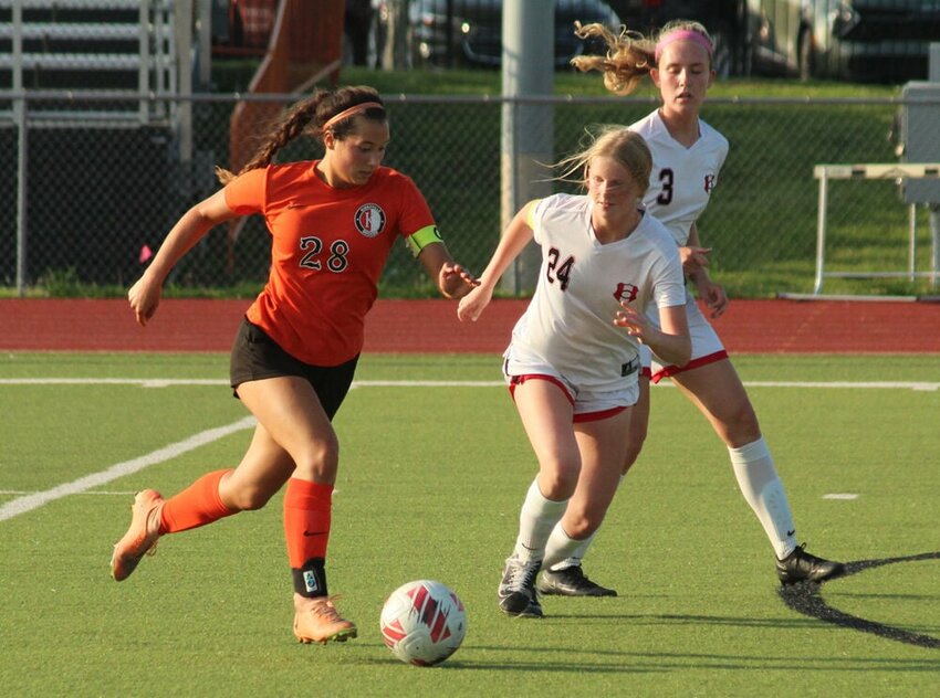 Kirksville senior Lucy Tiedemann advances the ball towards the box in the game against Chillicothe on May 6. 