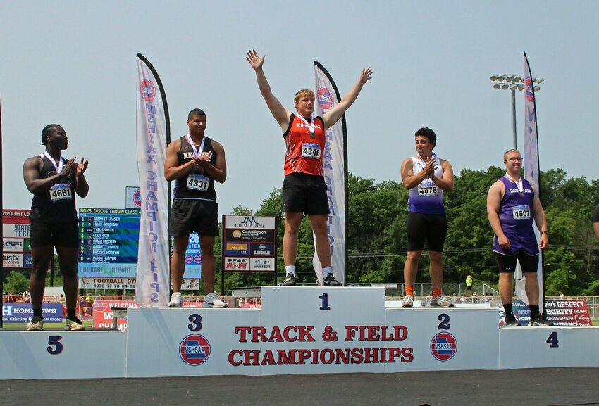 Kirksville junior Bennett Fraser soaks in Adkins Stadium's applause after setting the 15th best high school discus mark in the nation to claim Class 4 gold. Fraser claimed second in the shot put, giving his team 18 points alone. Two of the United States' top discus throwers were in the same building on Friday and Saturday -- Class 5 Nixa's Jackson Cantwell won his class's discus and was a single centimeter from breaking the all-time, 46-year-old national high school shot put record.