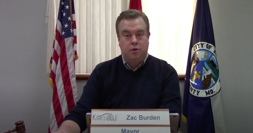 A screenshot of Kirksville Mayor Zac Burden giving his State of the City address for 2021.