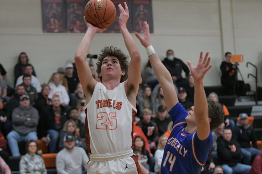 Kirksville's Keaton Anderson puts up a jumper for two points during the first half of last year's Macon Tournament title game against Moberly.