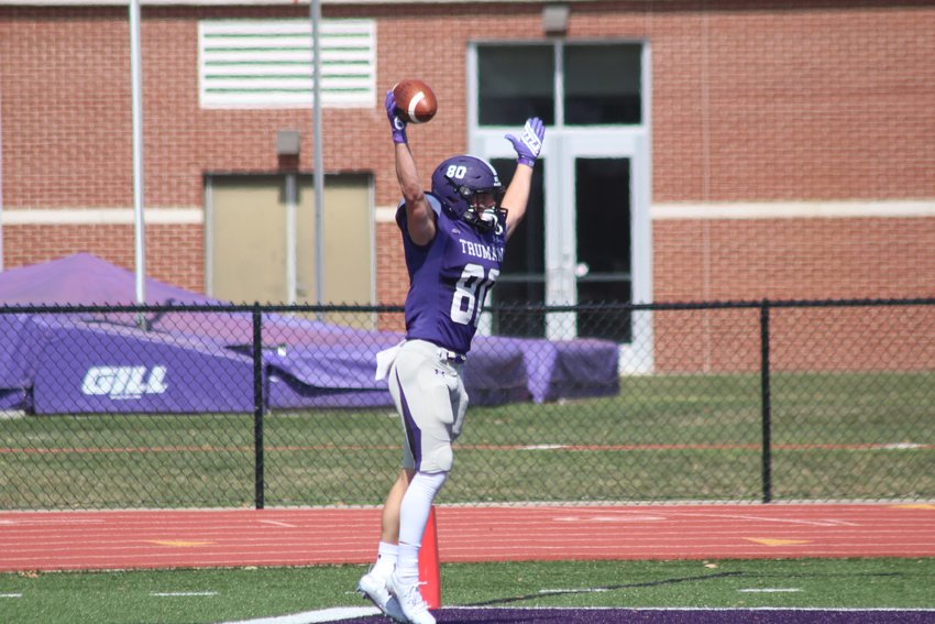 Truman receiver Spencer Newell celebrates a touchdown last season against Wayne State.