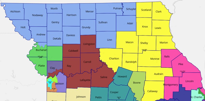 The Missouri Senate map proposed by Republican officials with the redistricting committee. The light blue section that includes Adair County is a revamped District 12. District 18, which Adair County is currently part of, is the yellow section.