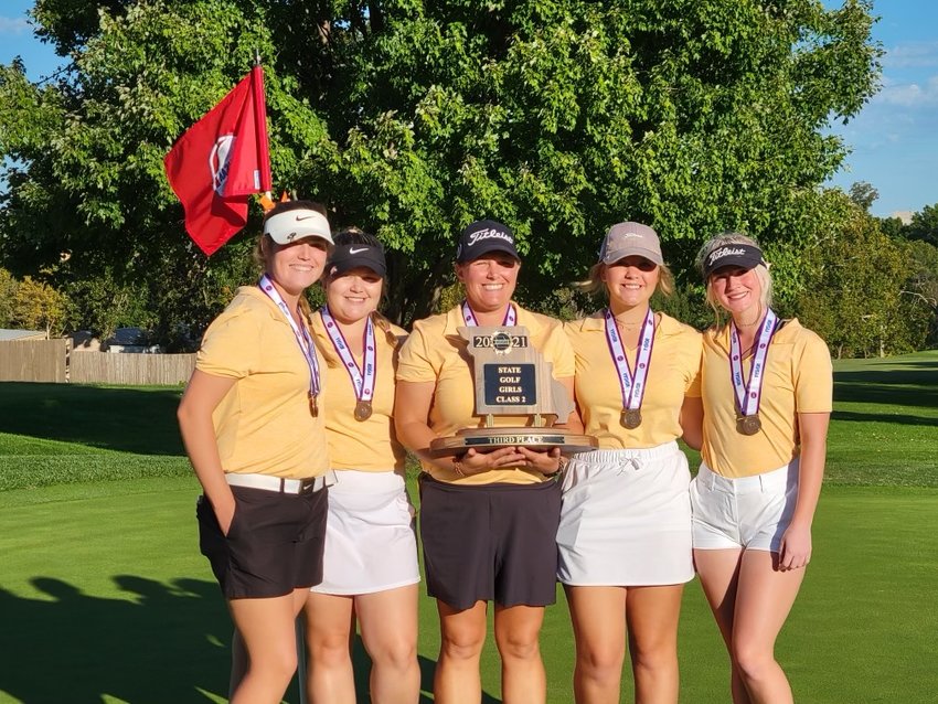 Members of the Kirksville girls golf team pose after taking third place in the 2021 Class 2 State Tournament. Pictured left to right: Addy Davis, Maya McKiver, coach Emily Powell, Morgan Lunsford, Anna Jenkins.