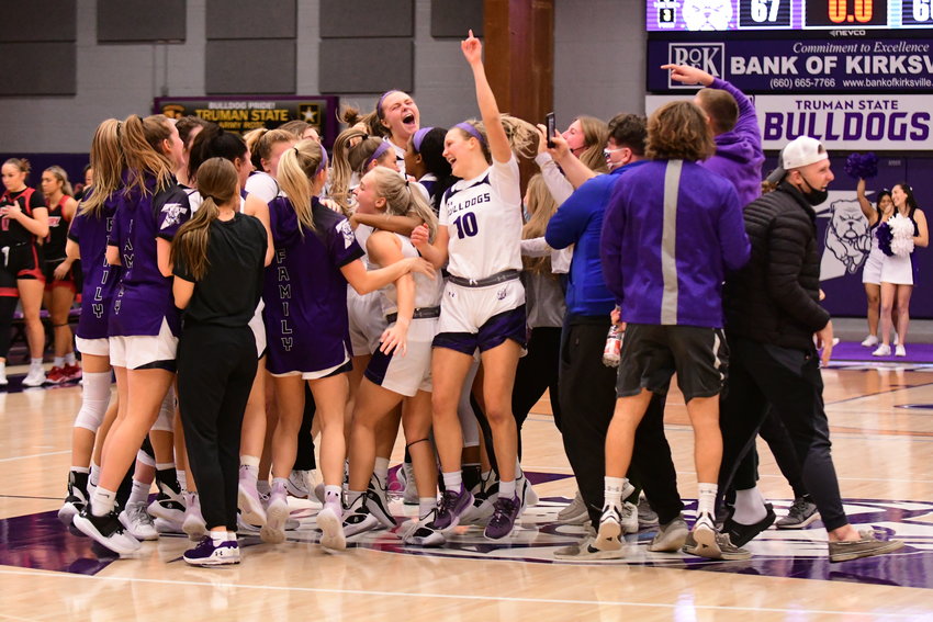 Members of the Truman State women's basketball team and fans celebrate after the Bulldogs defeated No. 1 Drury, 67-66, on Jan. 17, 2022.