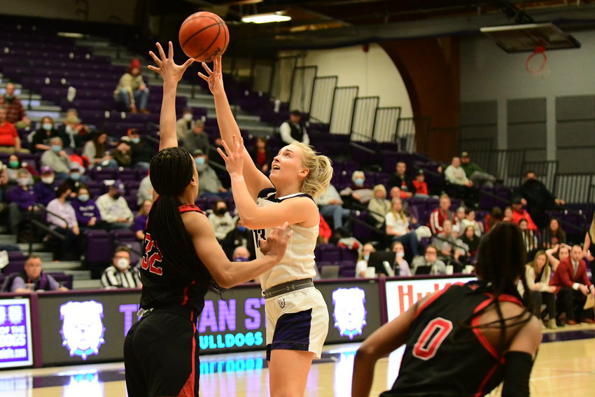 Truman State guard Hannah Belanger puts up a shot during the second half of a 67-66 win over Drury on Jan. 17, 2022.