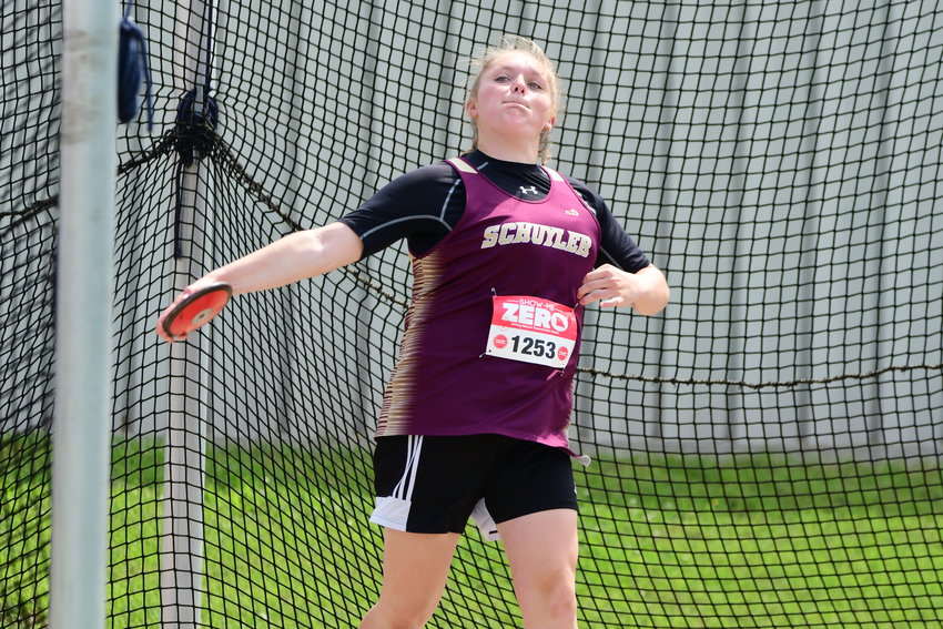 Schuyler County's Kait Hatfield competes in the Class 2 girls discus Friday, May 20, 2022, at the MSHSAA State Track Championships.