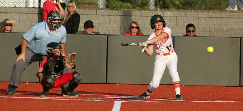 Kirksville senior Anna Shoop takes a swing in the game against Hannibal on Oct. 4.&nbsp;