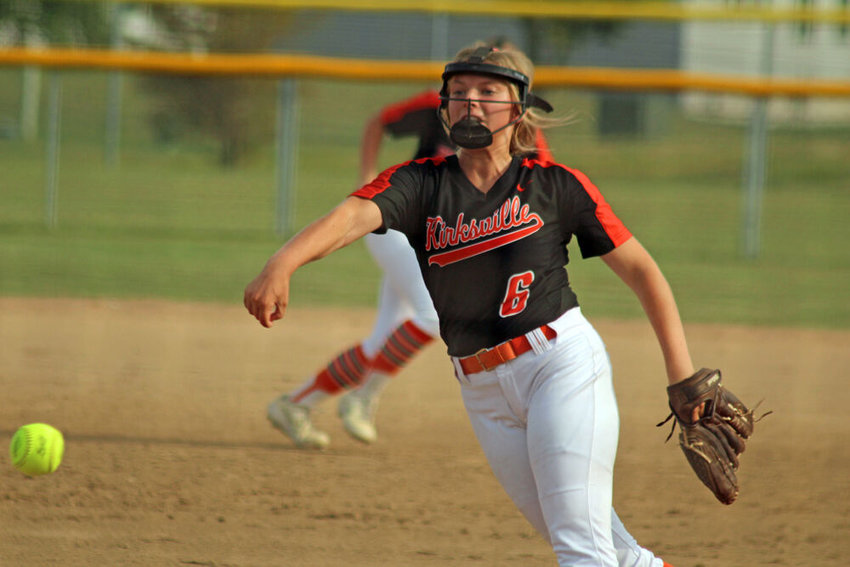 Kirksville junior Brianna Elsea releases a pitch in the first inning of the Tigers' game against Chillicothe on Aug. 29.&nbsp;
