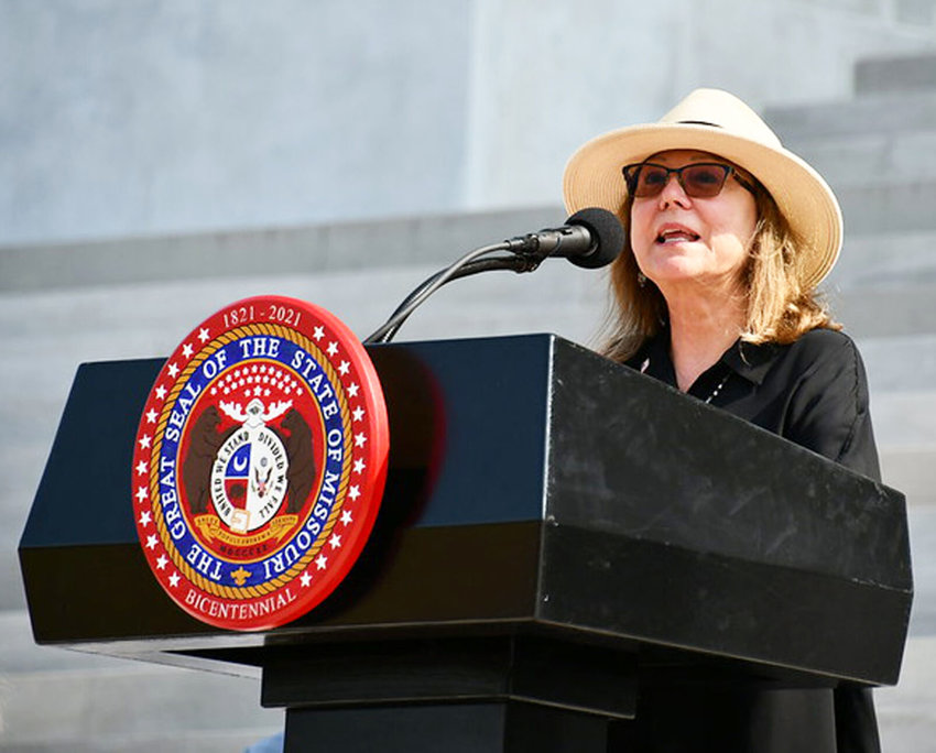 Missouri Poet Laureate Maryfrances Wagner reads her poem &ldquo;Missouri&rdquo; on the steps of the Capitol in Jefferson City on Statehood Day, Aug. 10, 2021.