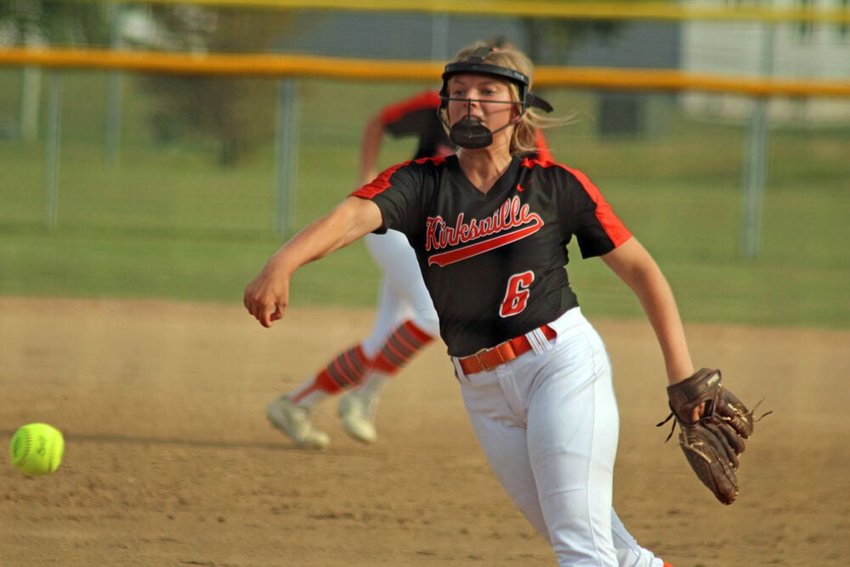 Kirksville junior Brianna Elsea releases a pitch in the first inning of the Tigers' game against Chillicothe on Aug. 29. Kirksville lost the game 10-4.&nbsp;