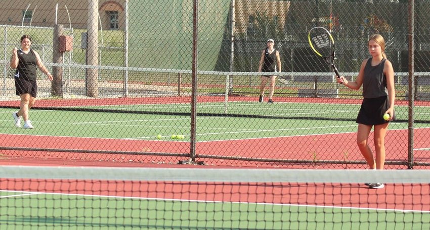 Members of the Kirksville girls' tennis team participate in practice on Aug. 24. The team began the season Aug. 26 and will play their first home match on Sept. 1.&nbsp;