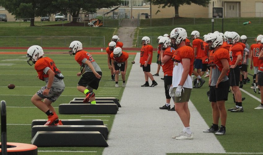 Members of the Kirksville football team line up and participate in drills during practice on Aug. 16 at Spainhower Field. The Tigers open the season on the road Aug. 26 against Macon.&nbsp;