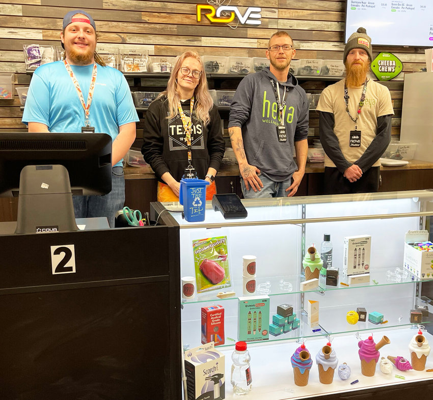 The staff at Heya Dispensary, from left to right: Chandler, patient consultant, Toni, assistant store manager, Seth, store manager and Justin, team lead.