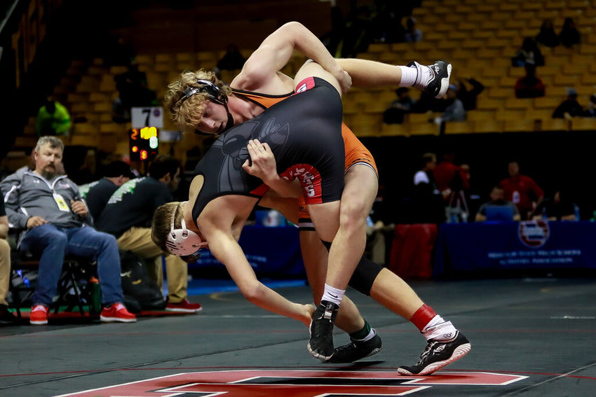 Kirksville senior Dominic Cahalan takes down an opponent during the Class 2 State Tournament in Columbia.&nbsp;