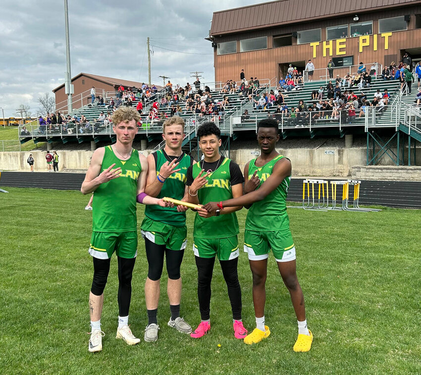The Milan boys 4x200 relay team poses after finishing in first place at the Milan Relays on April 19.&nbsp;