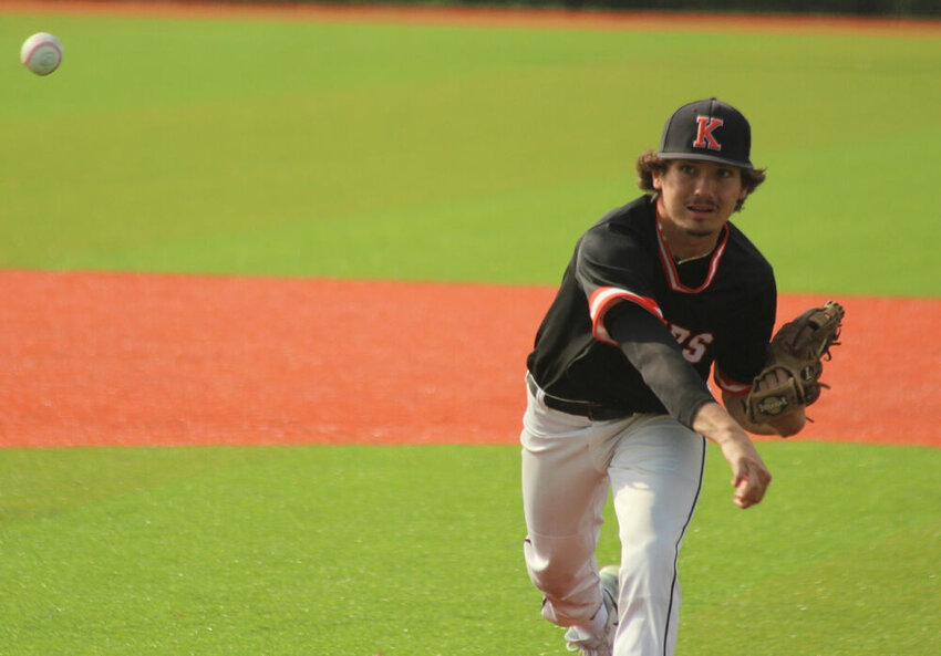 Kirksville senior Keaton Anderson delivers a pitch in the game against Palmyra on May 10.&nbsp;