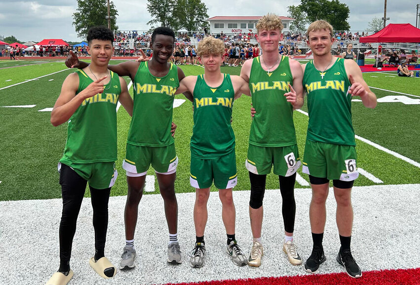 The Milan 4x200 relay team poses at sectionals on May 13 after qualifying for state.&nbsp;