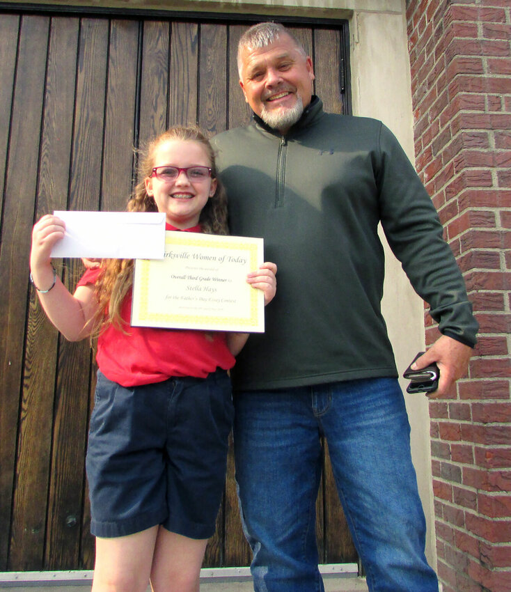 Stella Hays was recognized as the winner of the Kirksville Women of Today Father&rsquo;s Day Essay contest, held&nbsp;May 18. All third grade classes were invited to participate. Stella is in Mrs. Hays&rsquo; 3rd grade class at Mary Immaculate Catholic School. Pictured are Stella and her Father, Tom Hays.