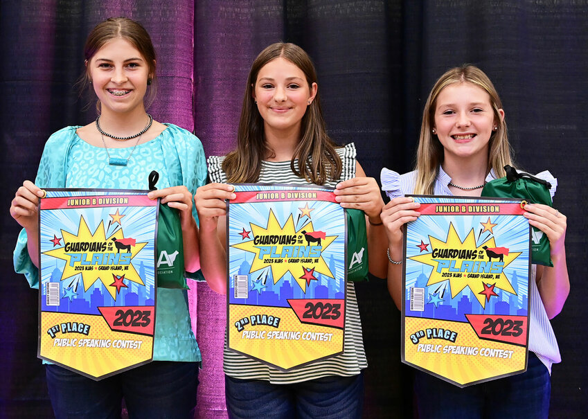 Junior B Division Public Speaking   These junior Angus members won top honors in the junior B division of the prepared public speaking contest at the 2023 National Junior Angus Show (NJAS) Awards Ceremony, July 7 in Grand Island, Neb. Pictured from left are Madelyn Sampson, Kirksville, Mo., first; Julia Wolfe, Raymond, Neb., second; and Avery Mullen, Ulysses, Kan., third. Photos by Pearl's Pics.