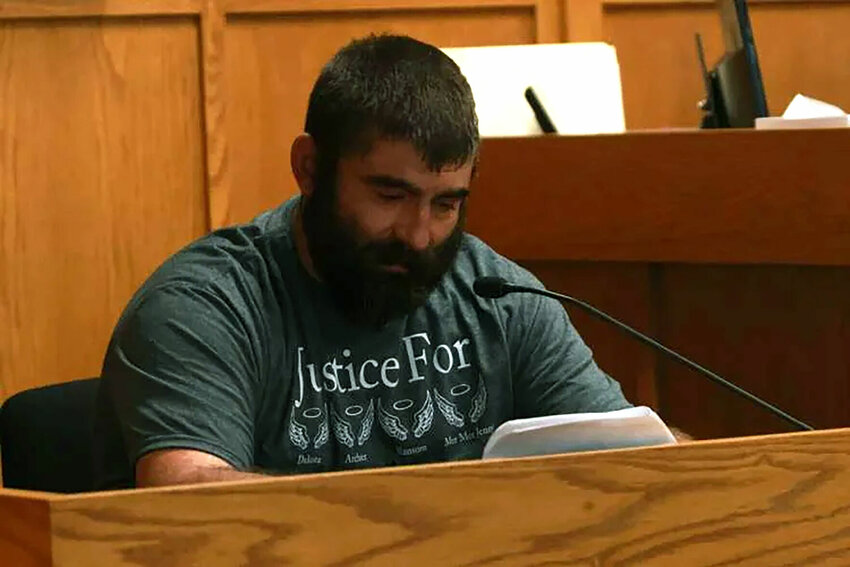 Lucas Corrick reads his victim impact statement during the Natasha McBride plea and sentencing hearing Thursday, Aug. 10, in Adams County Circuit Court. Corrick lost his three sons and mother-in-law in the Aug. 14, 2020, crash at Fourth and Broadway in Quincy.