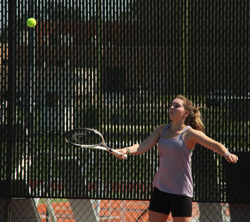 Kirksville junior Ashley Combs looks to return a shot during practice on Aug. 17.&nbsp;