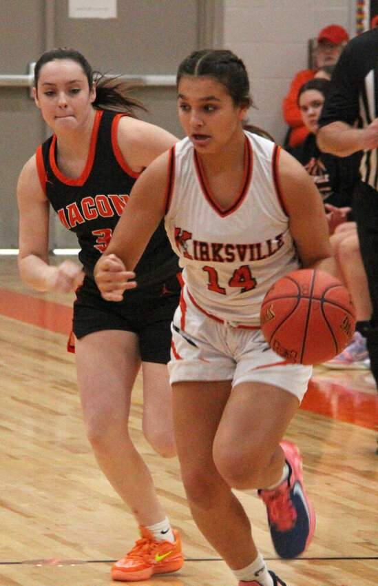 Kirksville junior Paishynce Fouts pushes the ball down the floor in the game against Macon on Nov. 30.&nbsp;