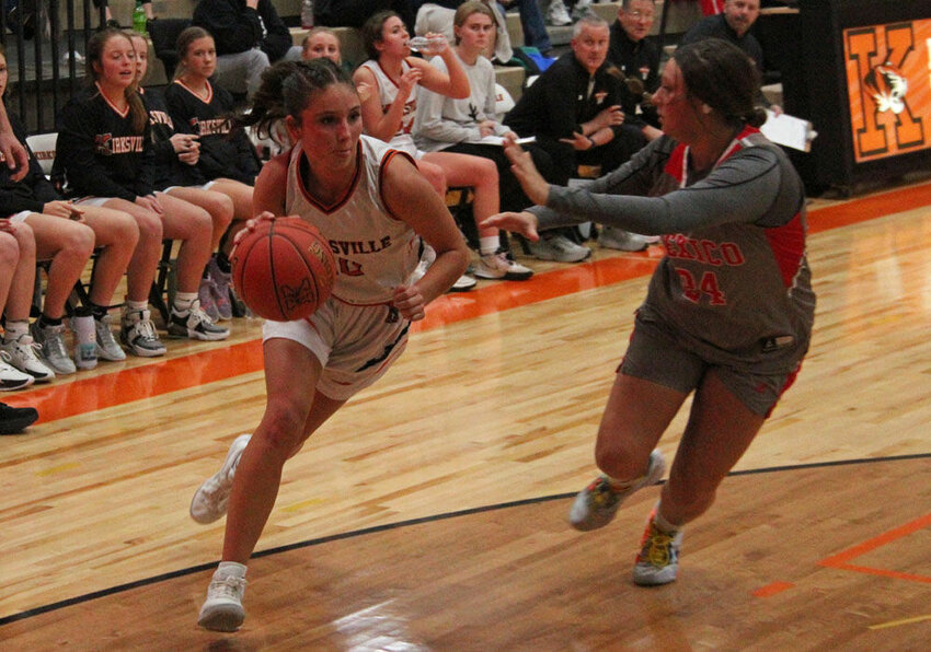 Kirksville senior Jersey Herbst drives toward the basket in the game against Mexico on Dec. 12.&nbsp;