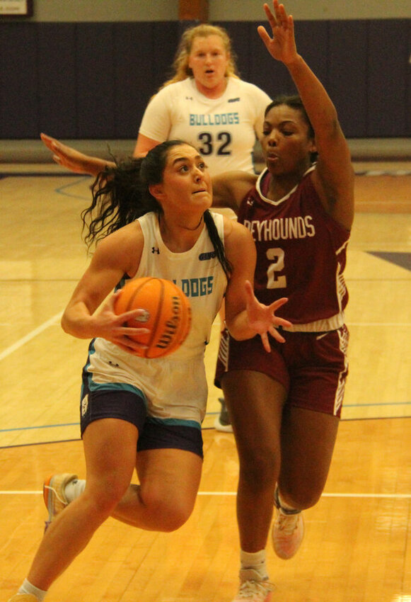 Truman guard Gracie Neff drives toward the basket in the game against Indianapolis on Jan. 3.&nbsp;