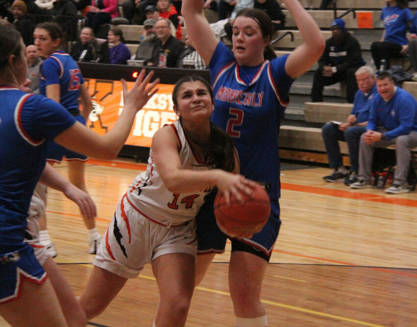 Kirksville junior Paishynce Fouts drives to the basket through contact in the game against Moberly on Jan. 23.&nbsp;