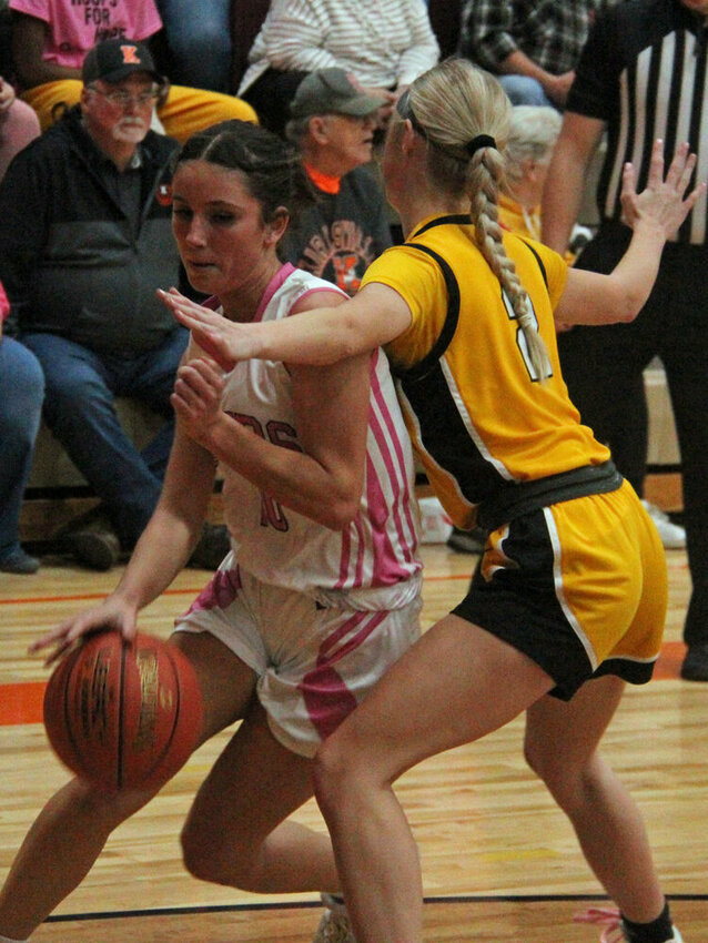Kirksville senior Jersey Herbst looks to drive along the baseline in the game against Fulton on Feb. 9.&nbsp;