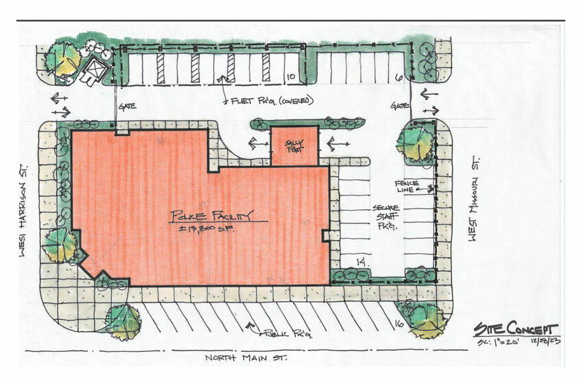 A rough draft of a proposed police station on the corner of North Main Street and West Missouri Street.&nbsp;