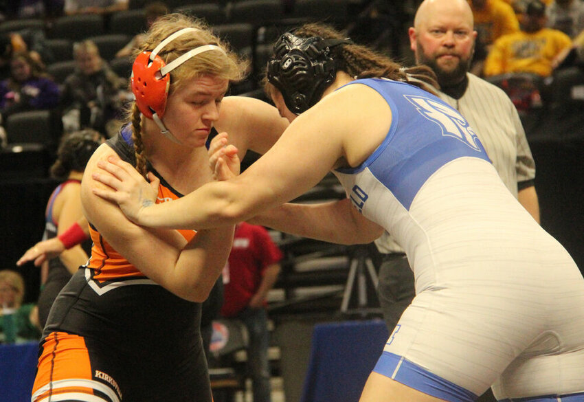 Kirksville senior Madisynn Crawford looks to take down Marshfield's Isabella Whitlock in the third-place match on Feb. 22.