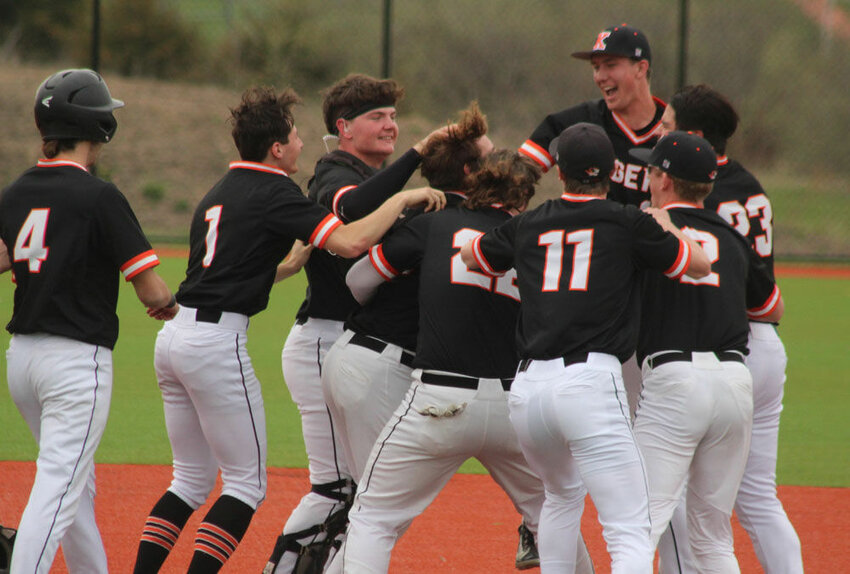 The Kirksville baseball team celebrates their 4-3 walkoff win over Mexico on March 29.&nbsp;