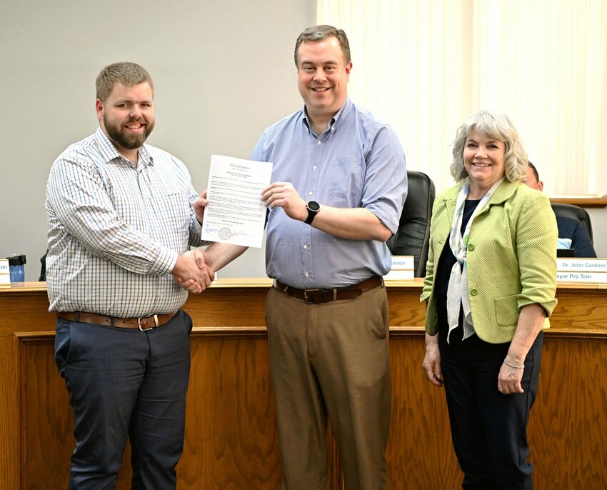 Left to right: Bryce Cardwell, small business counselor; Mayor Zac Burden; Marie Murphree, executive director of the Kirksville Area Chamber of Commerce.