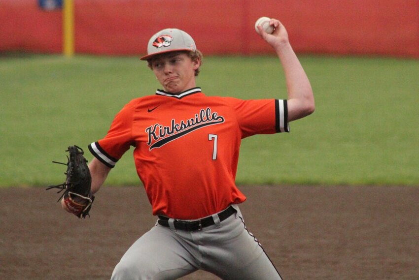 Kirksville junior Luke Cahalan winds up for a pitch in the district semifinal game against Moberly on May 15.&nbsp;