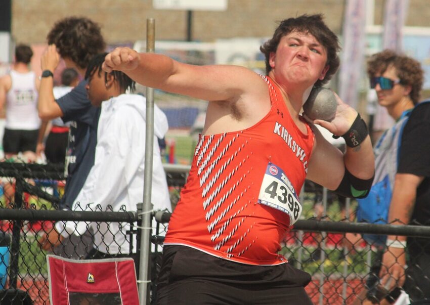 Kirksville senior Justin McKim winds up for a throw in the Class 4 shot put final at the MSHSAA Track and Field State Championships in Jefferson City on May 24.&nbsp;