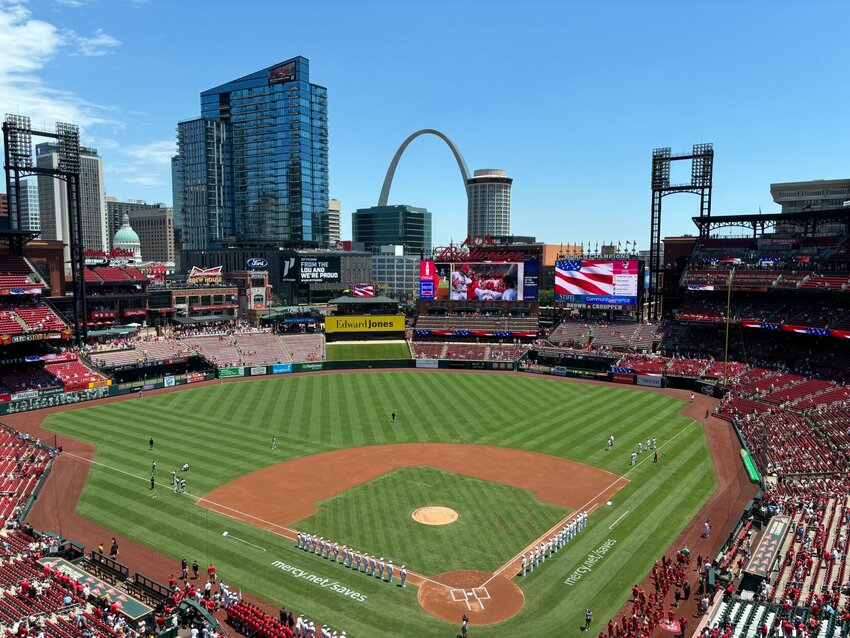 The sun bathes Busch Stadium on a clear afternoon before the Pirates vs. Cardinals game on Thursday, June 13, 2024.