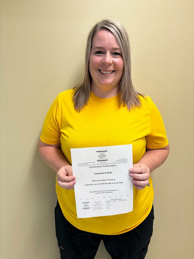 Tasheina Dale has received her Child Passenger Safety Technician (CPST) certification. She recently completed the national four day certification program in Hannibal.