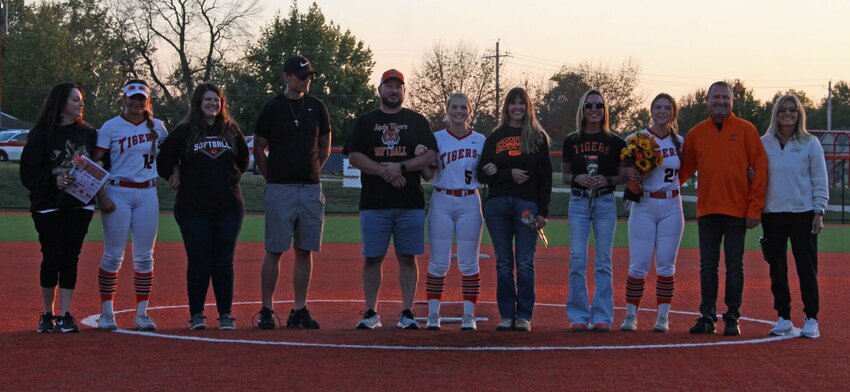 The Kirksville softball seniors are recognized on Tuesday night. Reese Williams (5), Paishynce Fouts (12), and Olivia Williams (25) picked up a pair of wins against Hannibal in their final home game as Tigers.