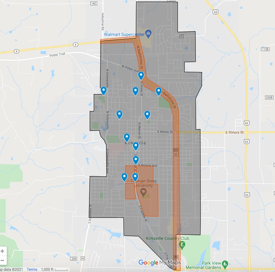 A map of Bird Rides' planned usage zone in Kirksville