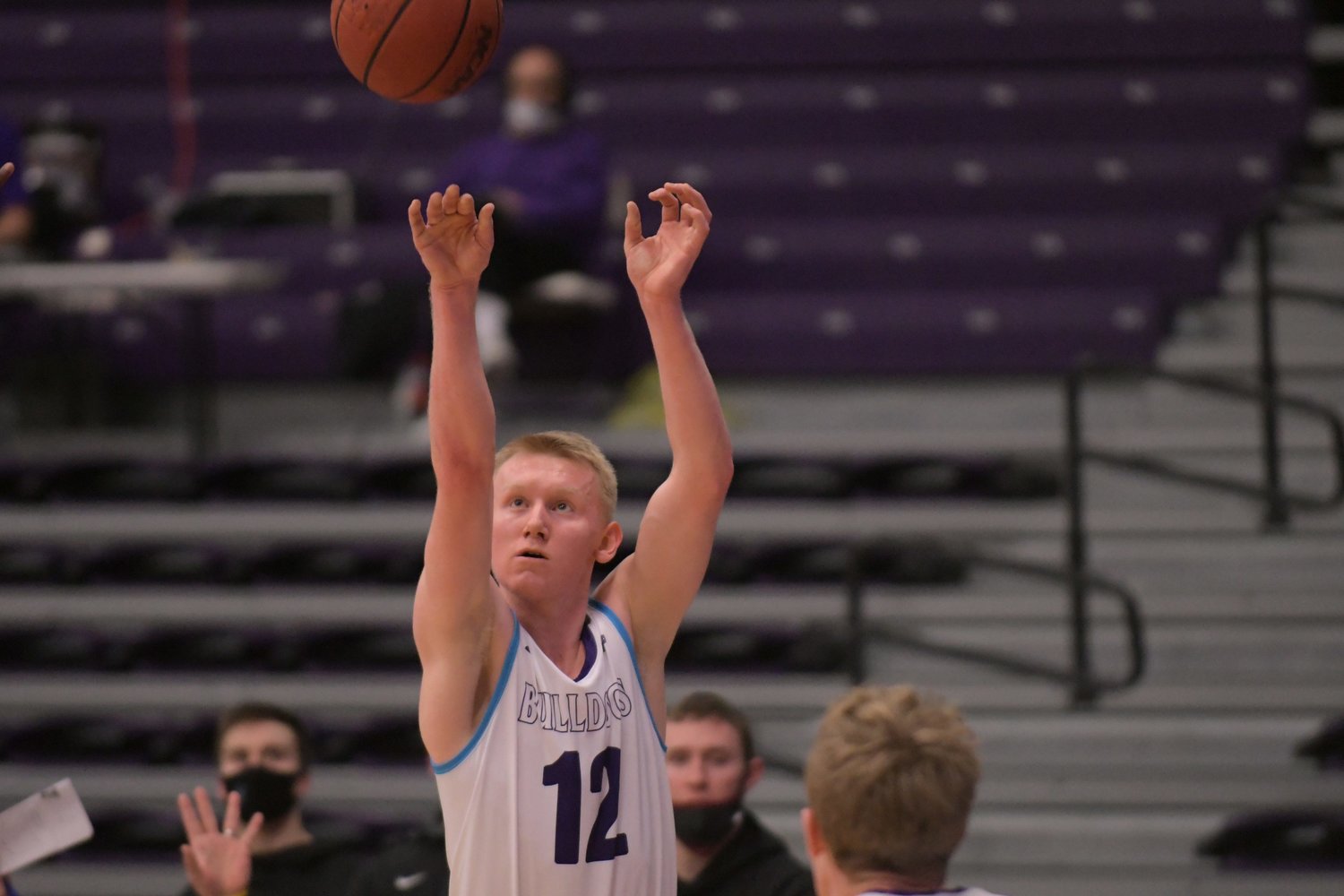 Truman's Masen Miller knocks down a 3-pointer in the first half of Wednesday's loss to Indianapolis.