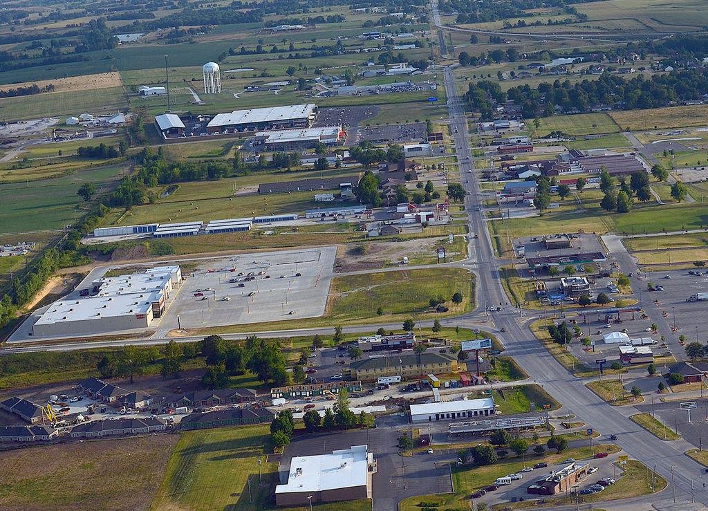 An aerial shot of Kirksville taken in July 2018 shows commercial business expansion on North Baltimore Street.